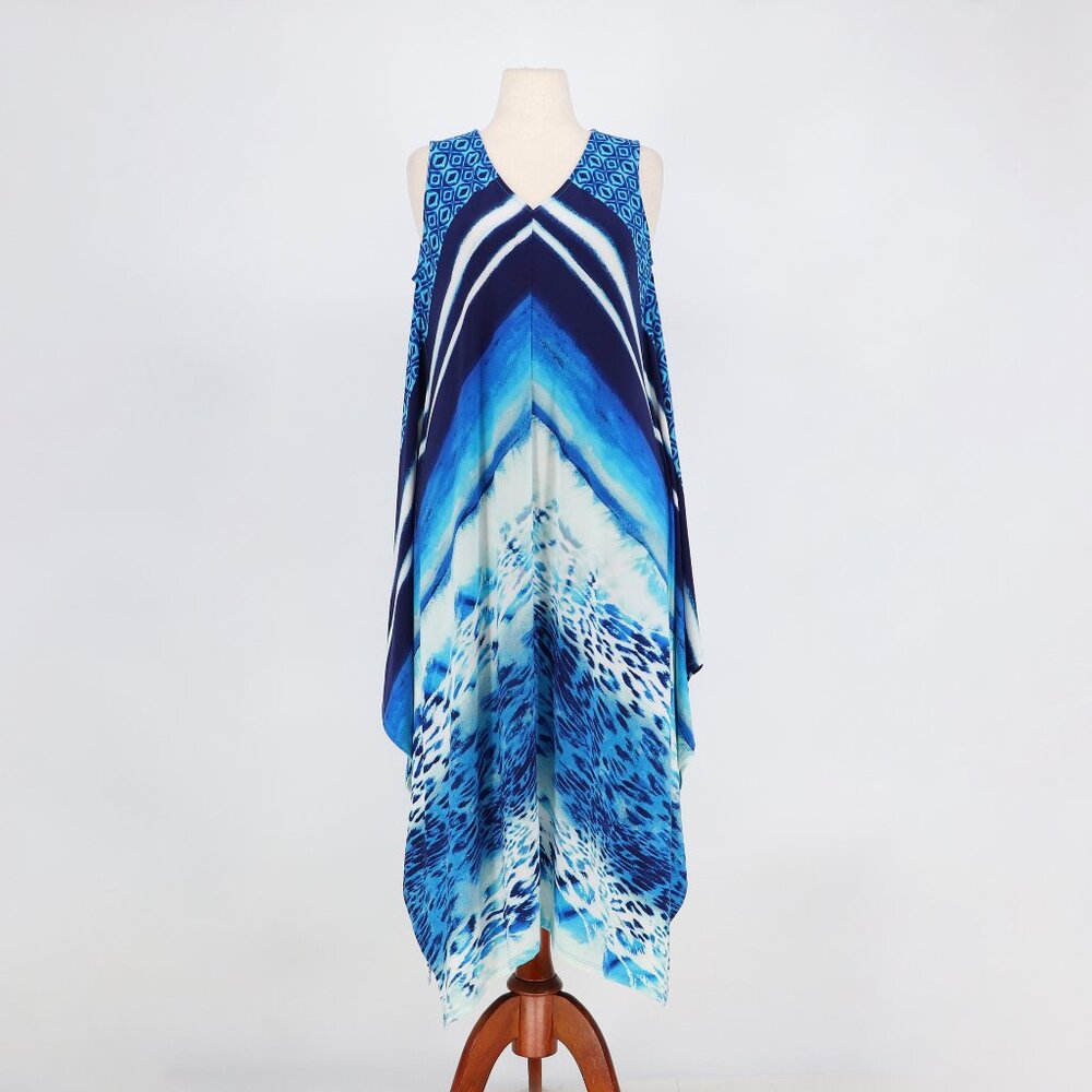 CHICO'S Blue Geometric Watercolor Sleeveless V-neck Midi Maxi Dress Size 2/L